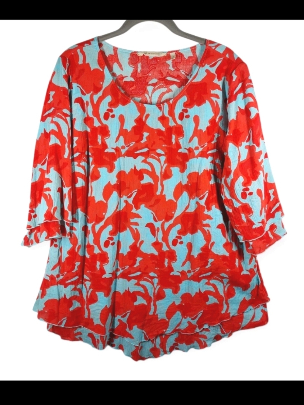 Soft Surroundings Siesta Key Top Blouse Layered Ruffle Hem Gauze Size L Tropical